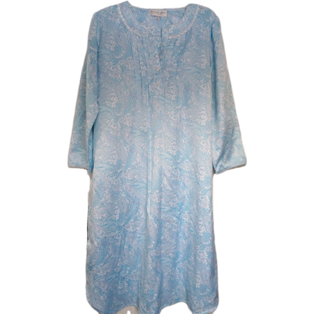 MISS ELAINE Blue White Paisley‎ Floral  Nightgown Pockets Women's LP
